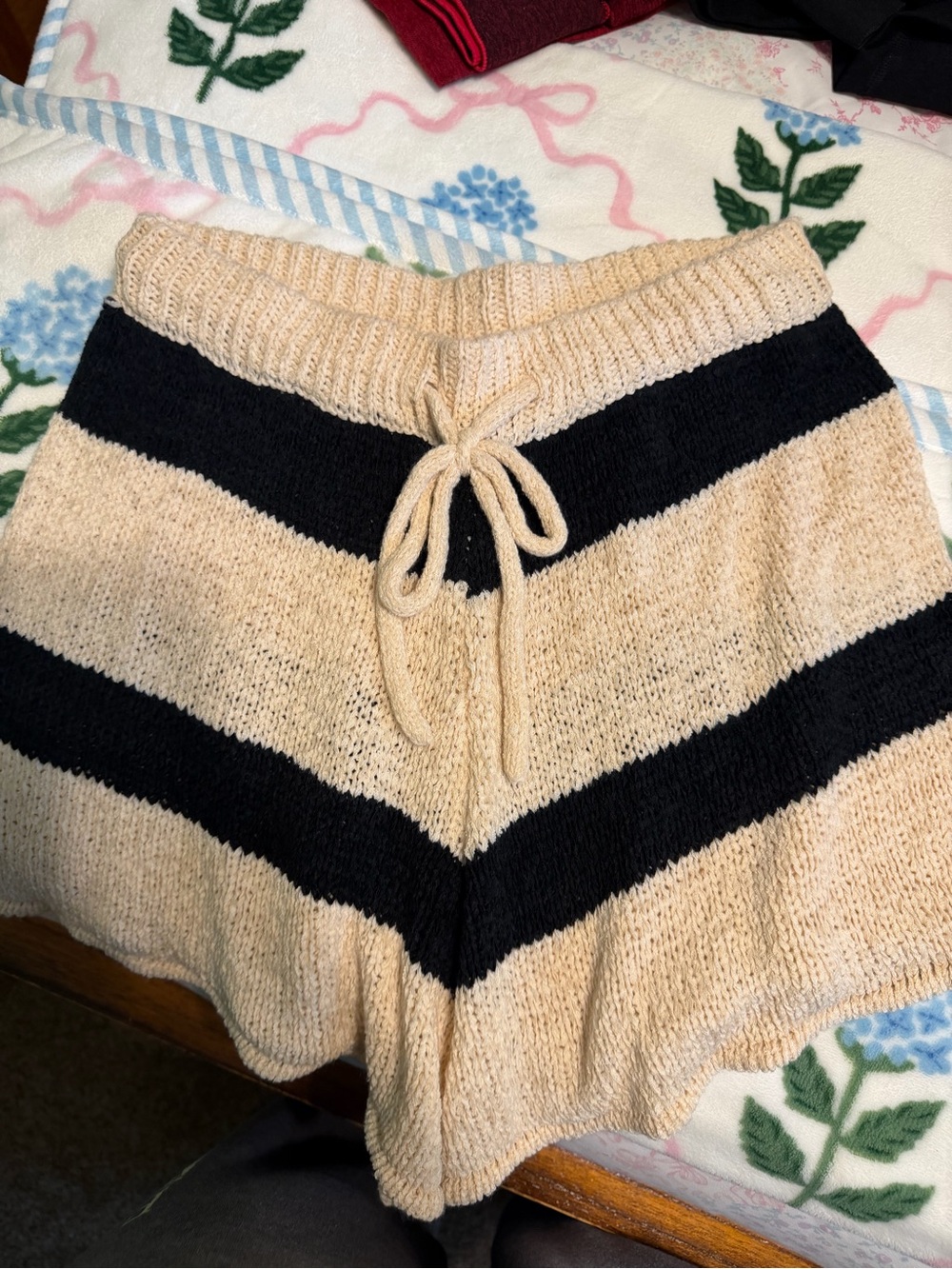 Pink Lily Cream and Black Striped Knit Drawstring Shorts